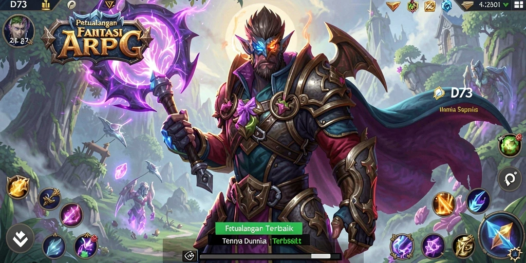 Screenshot gameplay D73 yang menampilkan pertarungan seru di dunia fantasi.