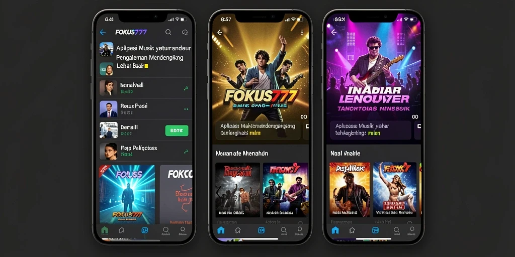 Screenshot utama FOKUS777 menampilkan antarmuka pengguna yang interaktif saat mendengarkan musik.