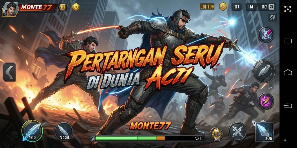 Screenshot gameplay MONTE77 dengan pertarungan aksi yang intens dan spektakuler.