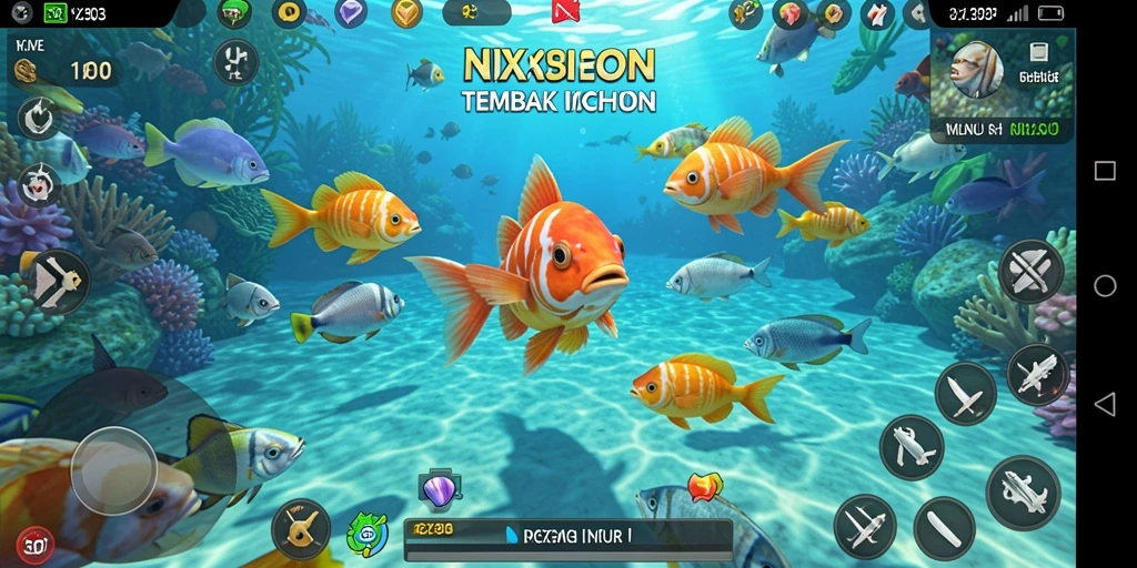 Tampilan permainan NX303 yang seru dengan banyak ikan dan senjata.