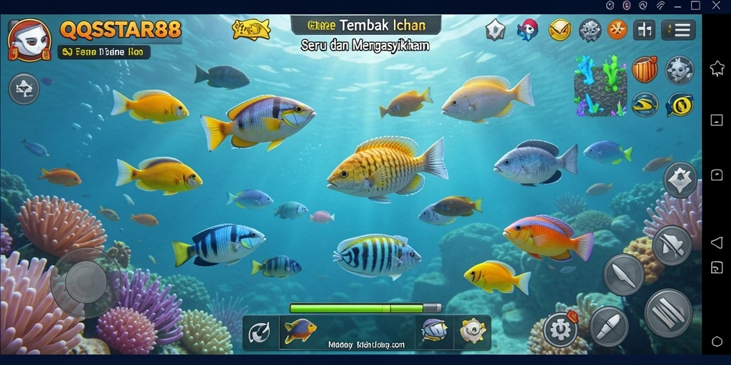 Screenshot utama menunjukkan aksi menembak ikan yang seru di QQSTAR88.