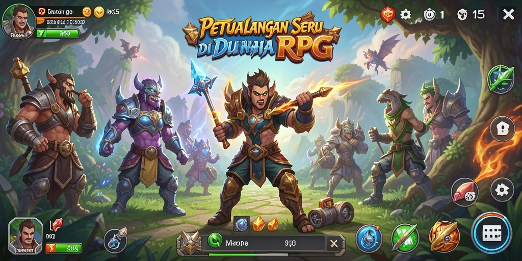 Screenshot gameplay RK55 menampilkan pertempuran epik di dunia RPG yang menakjubkan.