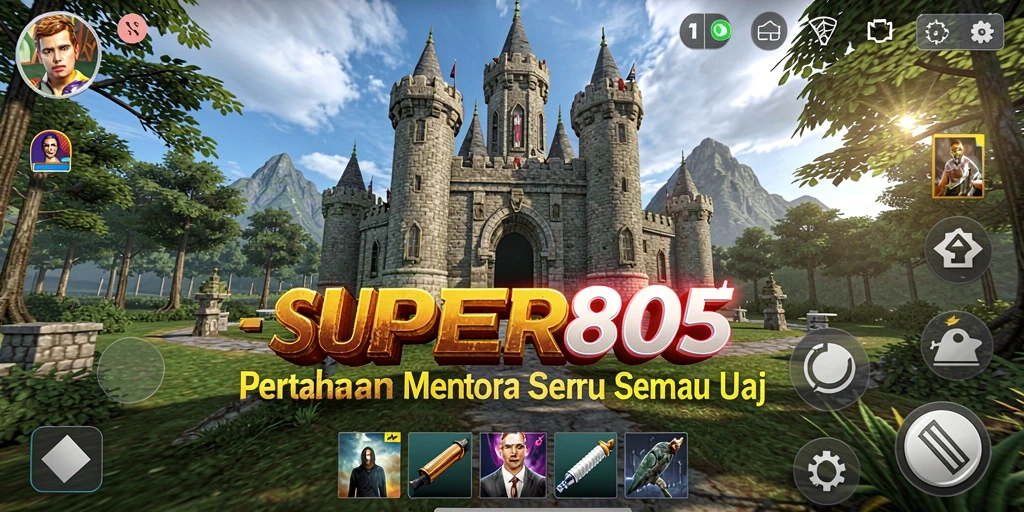 Tampilan gameplay SUPER805 dengan menara pertahanan dan musuh yang menyerang.