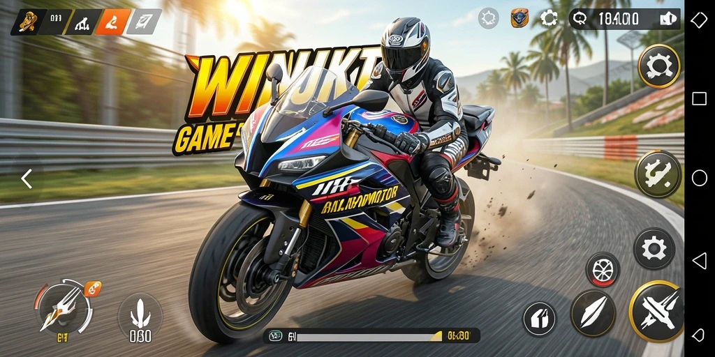 Tampilan gameplay balap motor yang mendebarkan dari WINJKT.